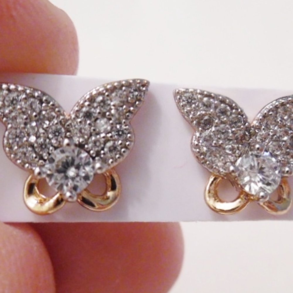 Cubic Zirconia Butterfly Wg/Yg Stud Earrings - Picture 3 of 4